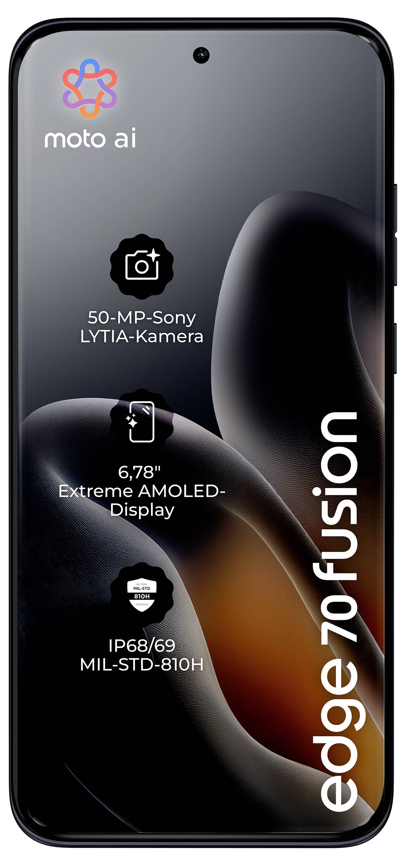 Přední pohled na telefon Motorola Edge 70 Fusion s propagačním textem zdůrazňujícím moto ai, 50MP fotoaparát Sony LYTIA, 6,78palcový Extreme AMOLED displej a odolnost IP68/69 MIL-STD-810H.