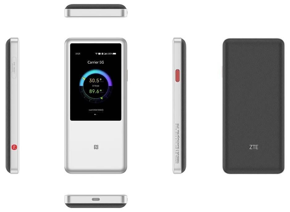 Přenosné zařízení s dotykovým displejem zobrazujícím "Carrier 5G" a výdrž baterie; více pohledů ze strany ilustrujících tenký, kompaktní design.