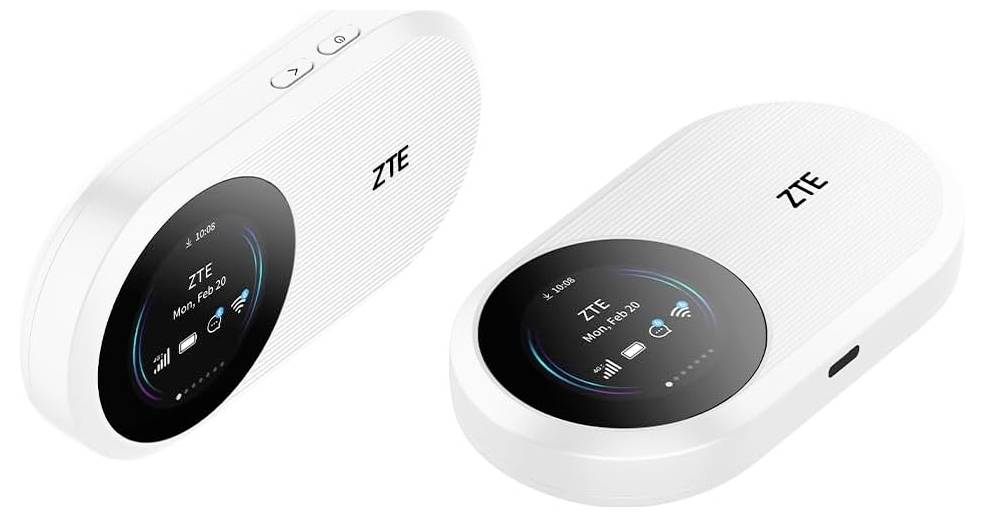 Dva bílé přenosné hotspoty ZTE s digitálními displeji zobrazujícími sílu signálu a stav baterie, vybavené tlačítky napájení a funkcí.