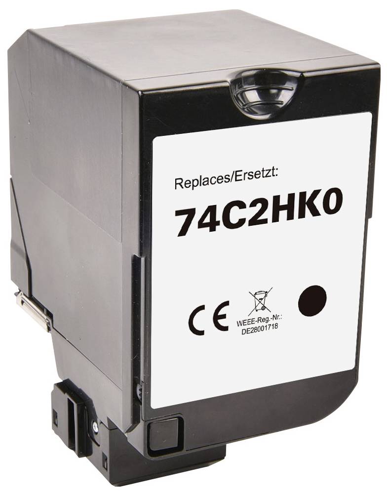 Černá cartridge tiskárny značená 'Replaces/Ersetzt: 74C2HK0' se symboly CE a WEEE na bílém pozadí.