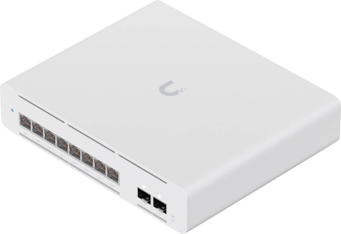 Bílý síťový přepínač s deseti porty Ethernet a dvěma dalšími porty na přední straně, určený pro připojování síťových zařízení.