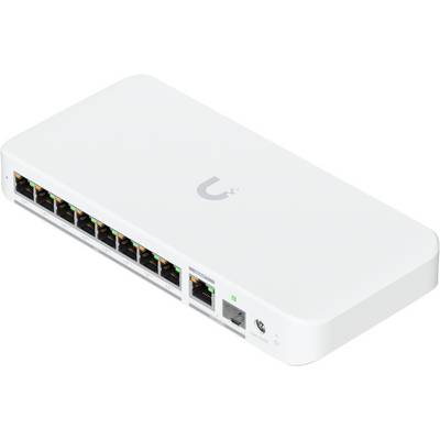 Bílý síťový switch s osmi porty Ethernet a tlačítkem napájení na straně, se znakem zobrazovaným na vrcholu.