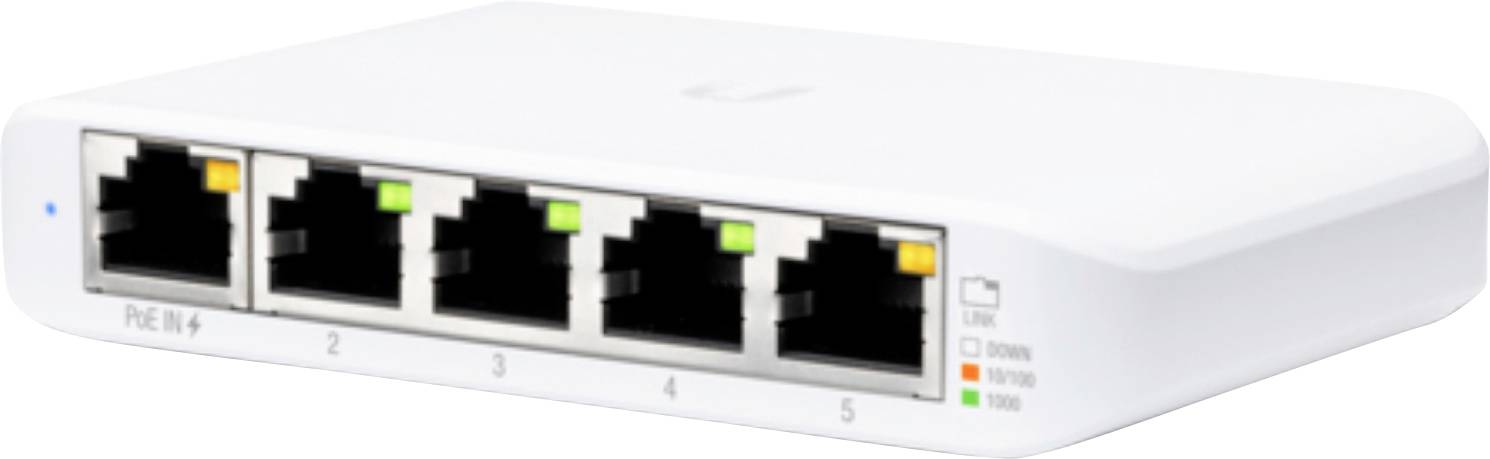 Bílý síťový přepínač s pěti porty Ethernet, každý se stavovým indikátorem. Zařízení se používá k připojení více síťových zařízení.