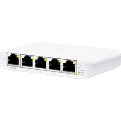 Bílý síťový přepínač s pěti porty Ethernet, každý se stavovým indikátorem. Zařízení se používá k připojení více síťových zařízení.