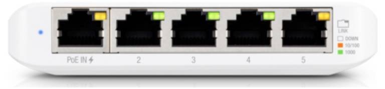 Síťový přepínač s pěti porty Ethernet, každý se stavovými LED diodami indikujícími propojení a rychlost přenosu dat. Porty jsou označeny čísly 1 až 5.