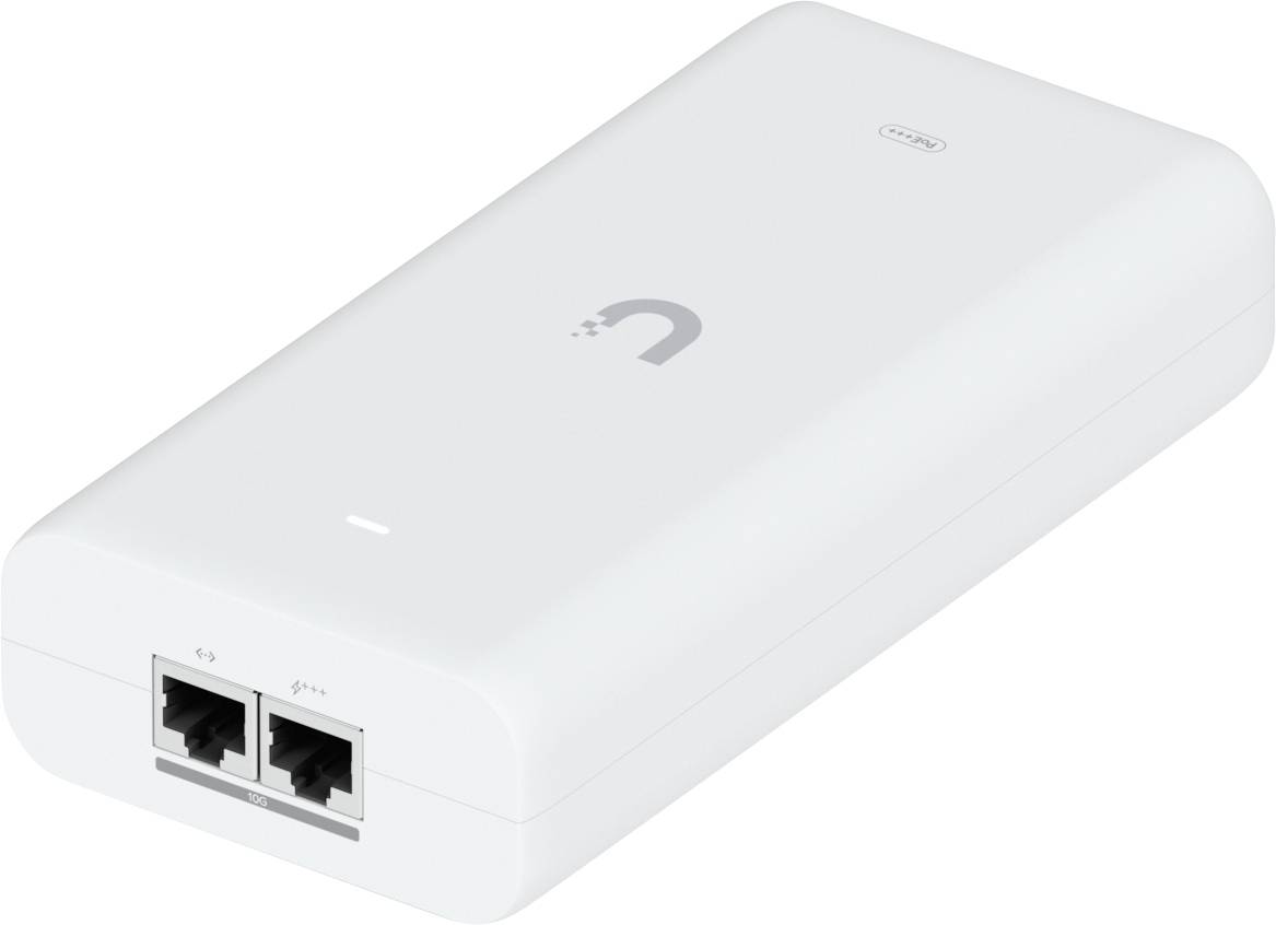 Bílé síťové zařízení se dvěma porty Ethernet označenými "main" a "secondary" s malým logem na horní straně.
