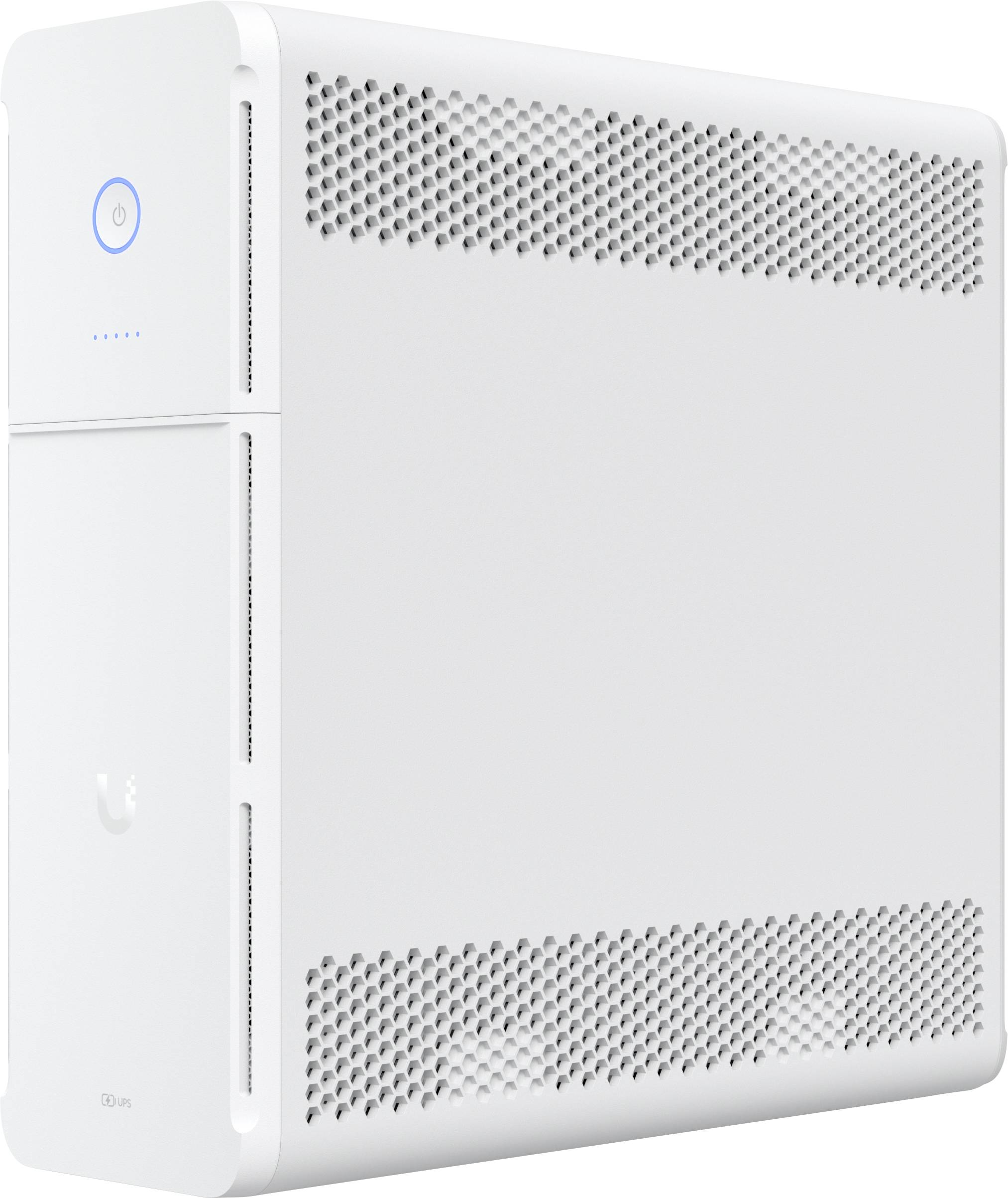 Bílý síťový server s elegantním designem, vybavený ventilačními mřížkami, tlačítkem napájení a firemním logotypem.