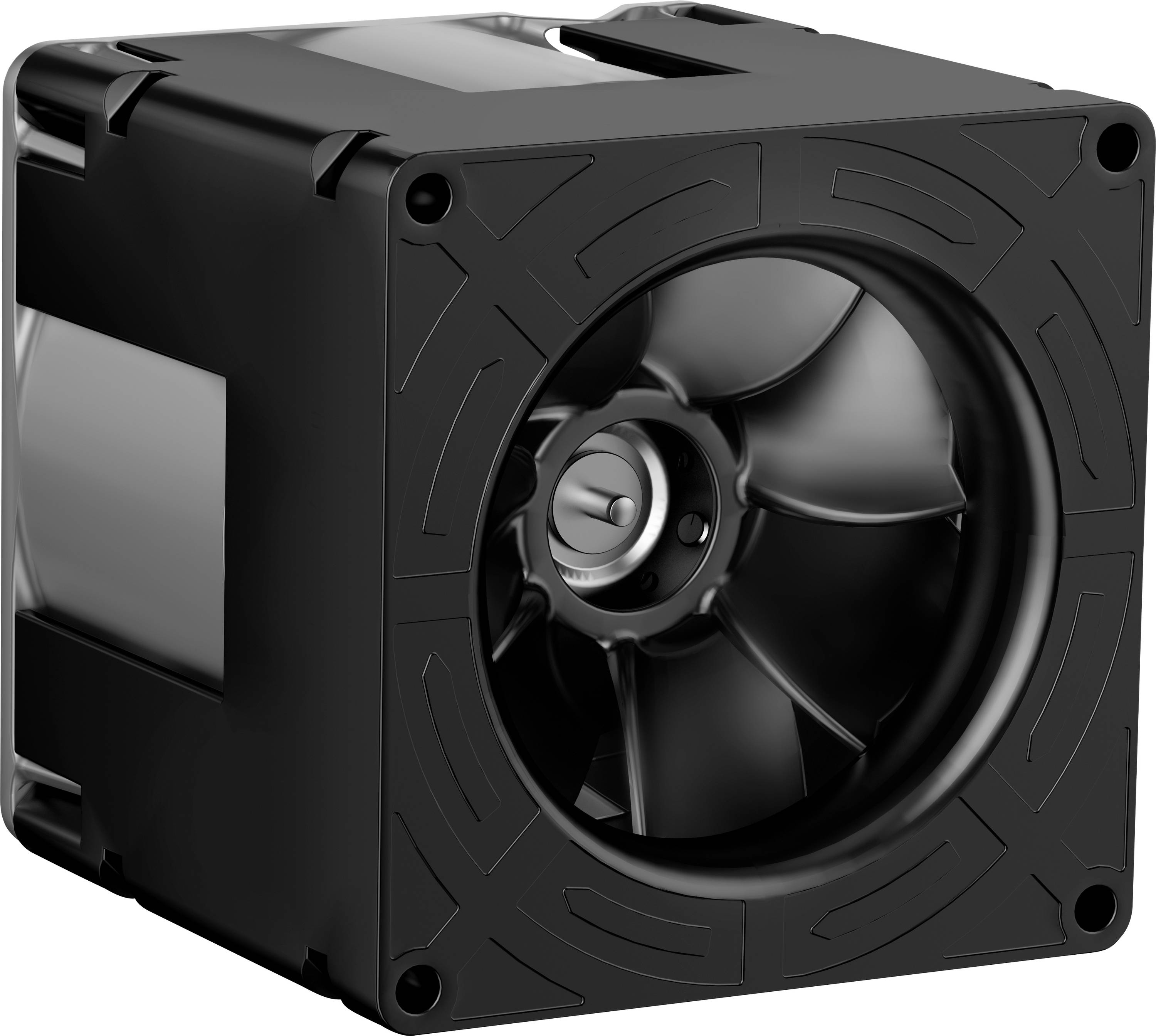 Černý počítačový ventilátor se čtvercovým rámem a více lopatkami, určený k chlazení elektronických součástek.