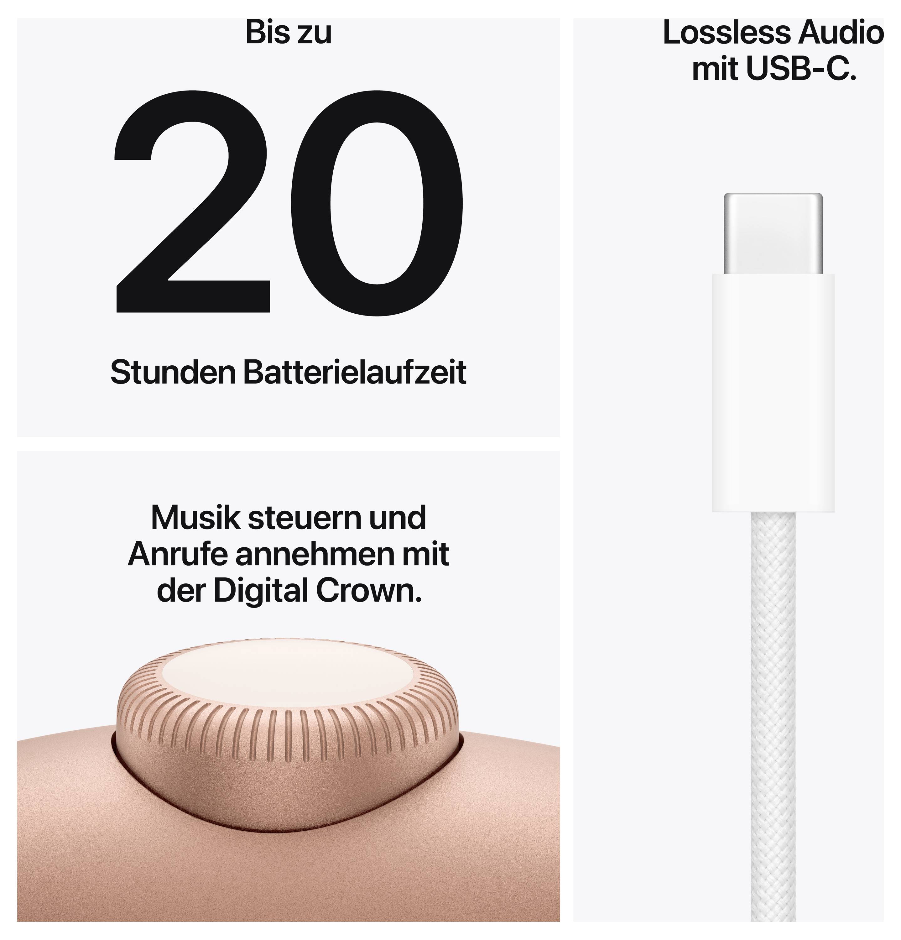 'Až 20 hodin výdrže baterie.' Text k USB-C: 'Bezeztrátový audio přes USB-C.' Obrázek zobrazuje Digital Crown pro ovládání hudby a příjem hovorů.