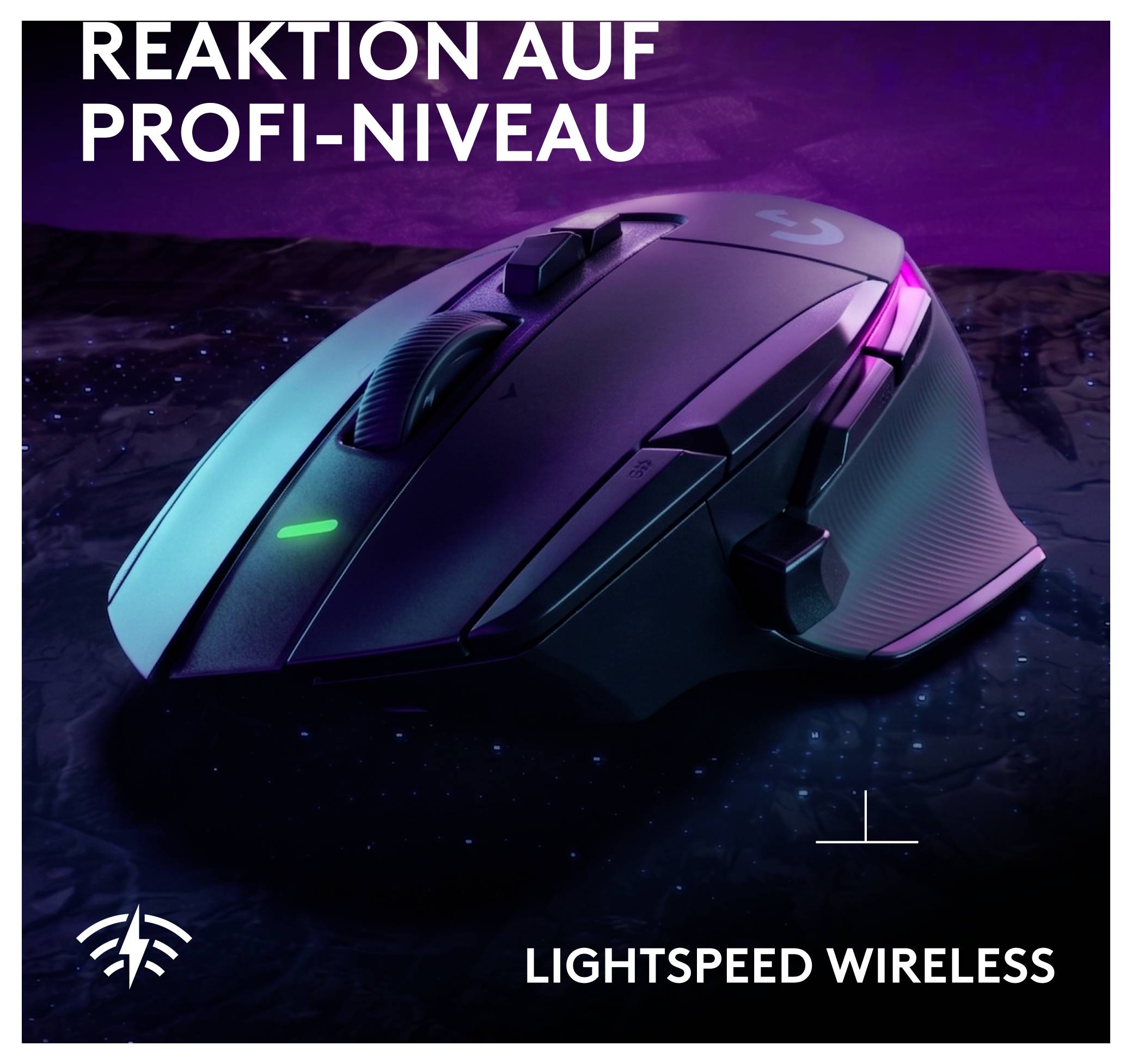 Reklamní grafika herní myši v neonovém světle; Text: 'REAKCE NA PROFESIONÁLNÍ ÚROVNI' a 'LIGHTSPEED WIRELESS'.