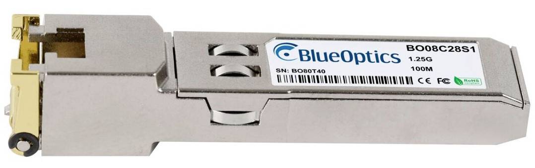 BlueOptics B008C28S1 modul přijímače-vysílače optických vláken, stříbrná hardwarová jednotka s štítkem a portem konektoru na levé straně.