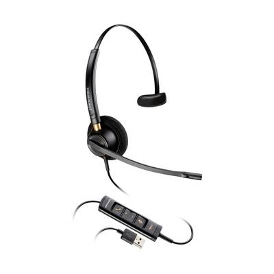 Černá násluchátka přes uši s mikrofonem typu boom a vestavěným USB ovládacím modulem, zobrazená na bílém pozadí.