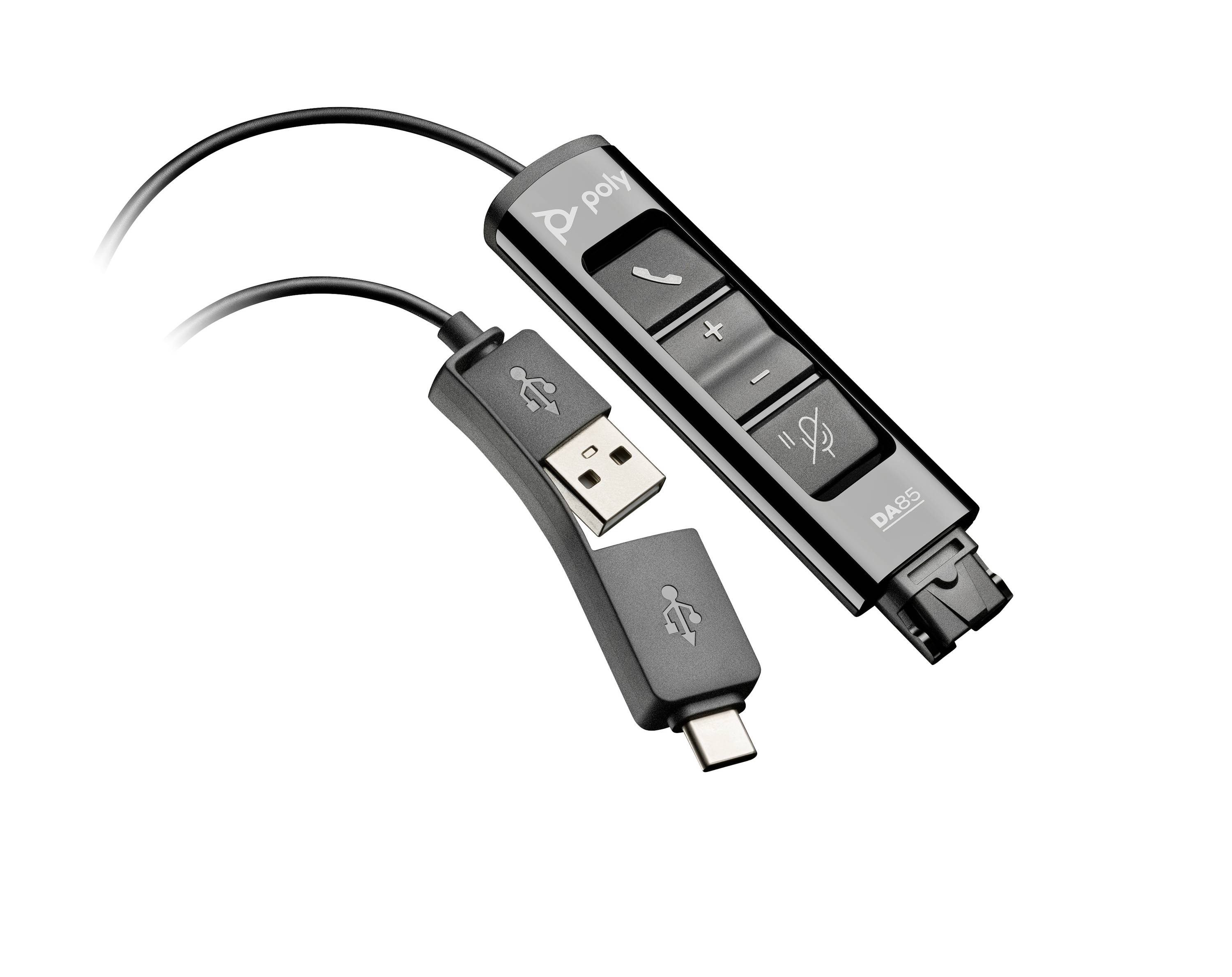 Ovladač sluchátek s USB-C kabelem s tlačítky na přijetí hovoru, zvýšení/snížení hlasitosti a ztlumení zvuku, zobrazený vedle adaptérového kabelu USB-A na USB-C.
