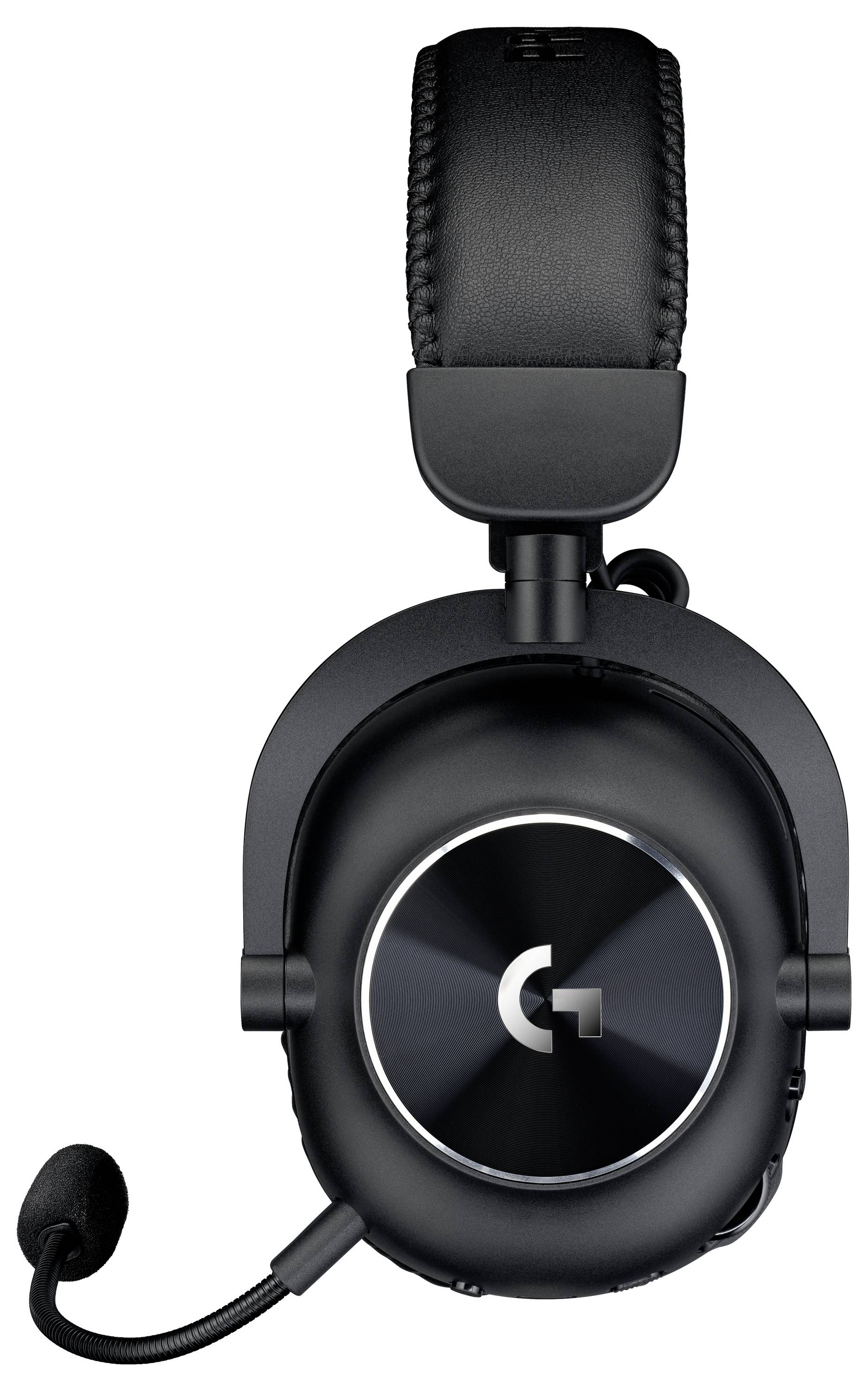 Černá herní sluchátka přes uši s polstrovanou hlavnicí, výsuvným mikrofonem a logem Logitech G na mušli.