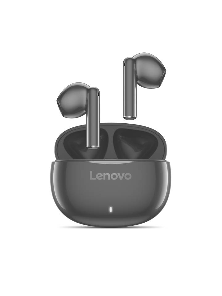Bezdrátová sluchátka Lenovo v nabíjecím pouzdru, zobrazena čelní pohled na bílém pozadí.
