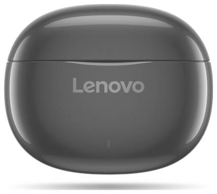 Šedá bezdrátová sluchátka Lenovo s nabíjecím pouzdrem a logem vycentrovaným na přední straně.