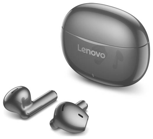 Bezdrátová sluchátka Lenovo s vyhovující nabíjecí pouzdrem, zobrazená na bílém pozadí.
