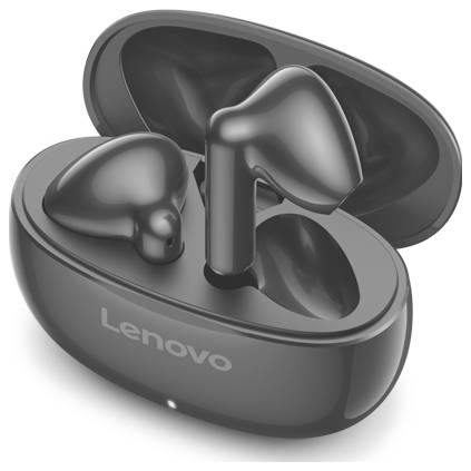 Otevřené bezdrátové sluchátka Lenovo v nabíjecím pouzdře, zobrazena v detailním záběru na bílém pozadí.