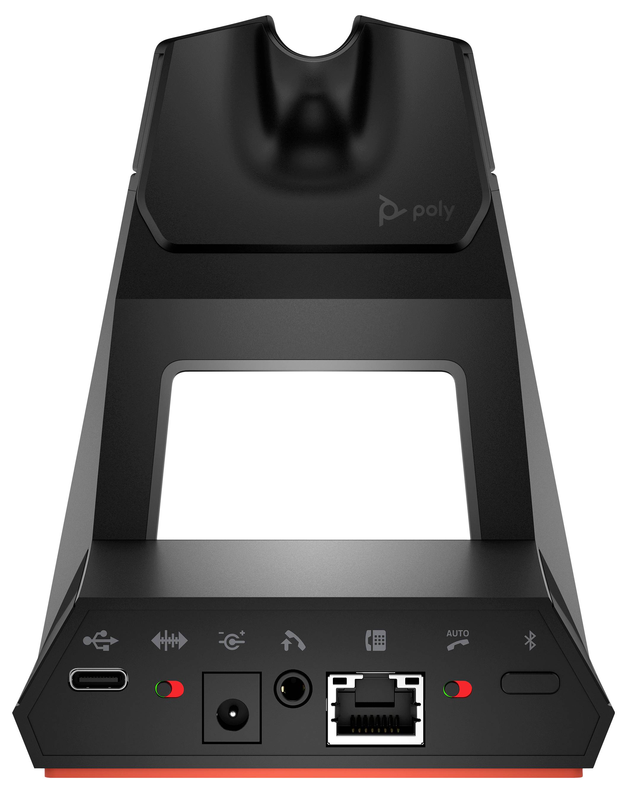 Přední pohled na dokovací stanici/stojan zařízení Poly ukazující jeho porty pro nabíjení a připojení, včetně USB-C, napájecího konektoru, síťového portu RJ45 Ethernet a indikátorů Bluetooth.