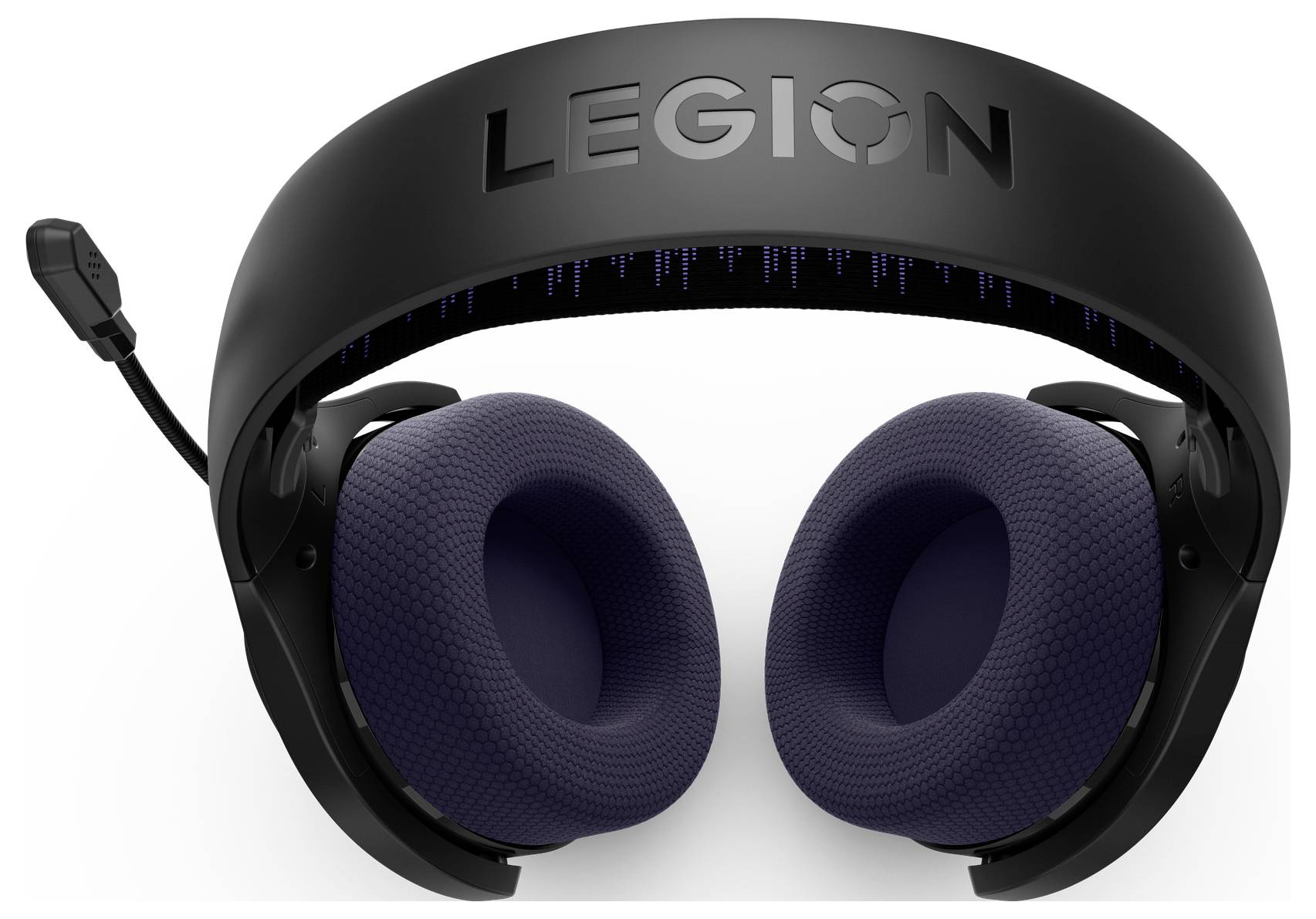Černá herní sluchátka Lenovo Legion s připojeným mikrofonem a velkými polstrovanými náušníky na bílém pozadí.