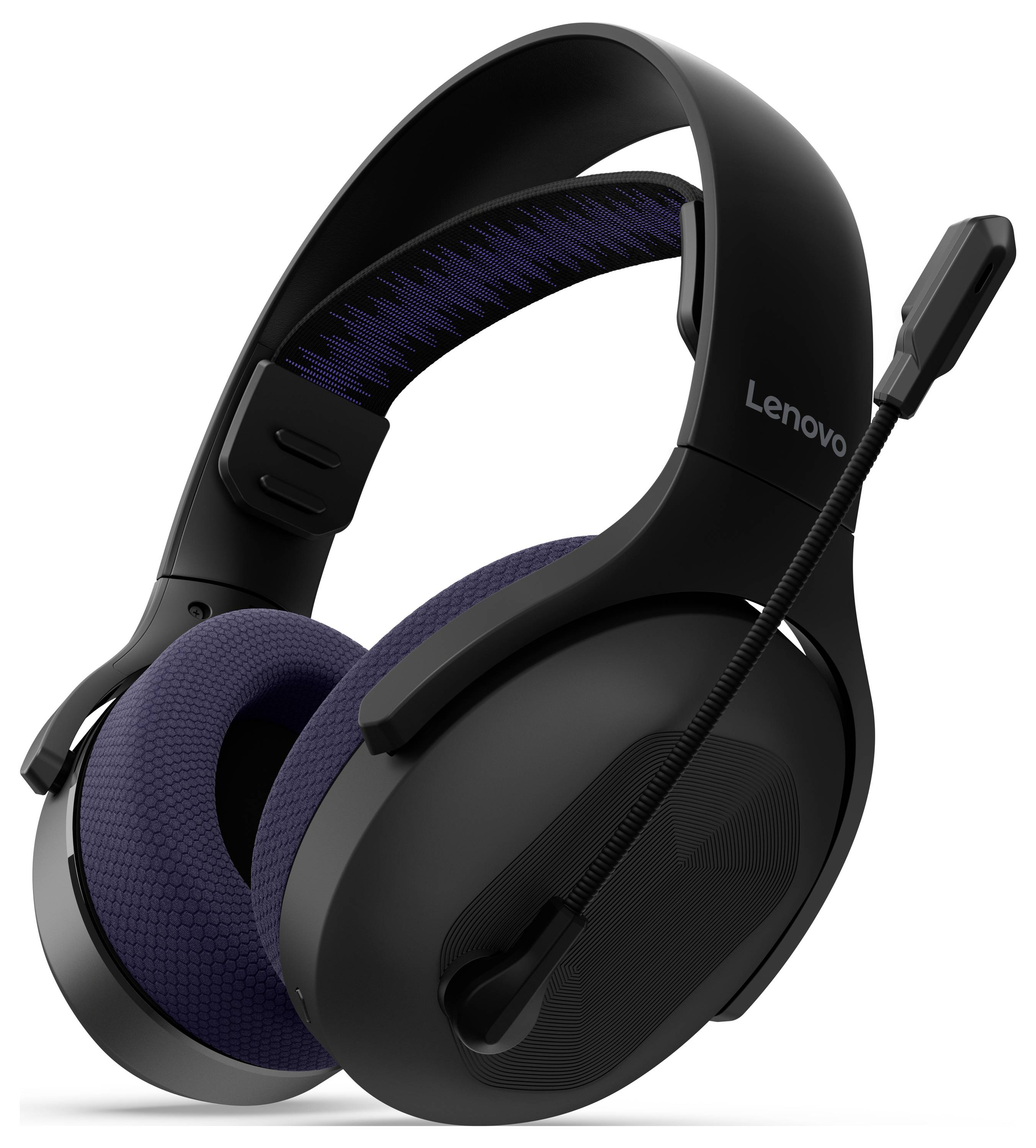 Černá herní sluchátka Lenovo na uši s polstrovanými sluchátkovými mušlemi, nastavitelnou čelenkou a připojeným výsuvným mikrofonem na bílém pozadí.