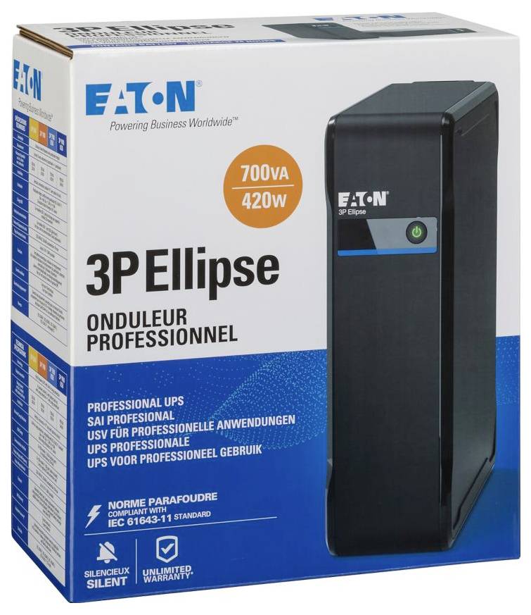 Krabice Eaton 3P Ellipse professional UPS, označená 700VA/420W, s obrázkem produktu na přední straně.