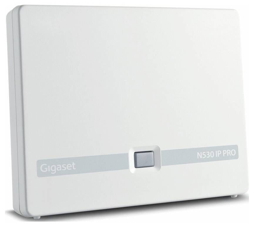 Bílá základnová stanice Gigaset N530 IP PRO se předním tlačítkem a logem na jednoduchém pozadí.