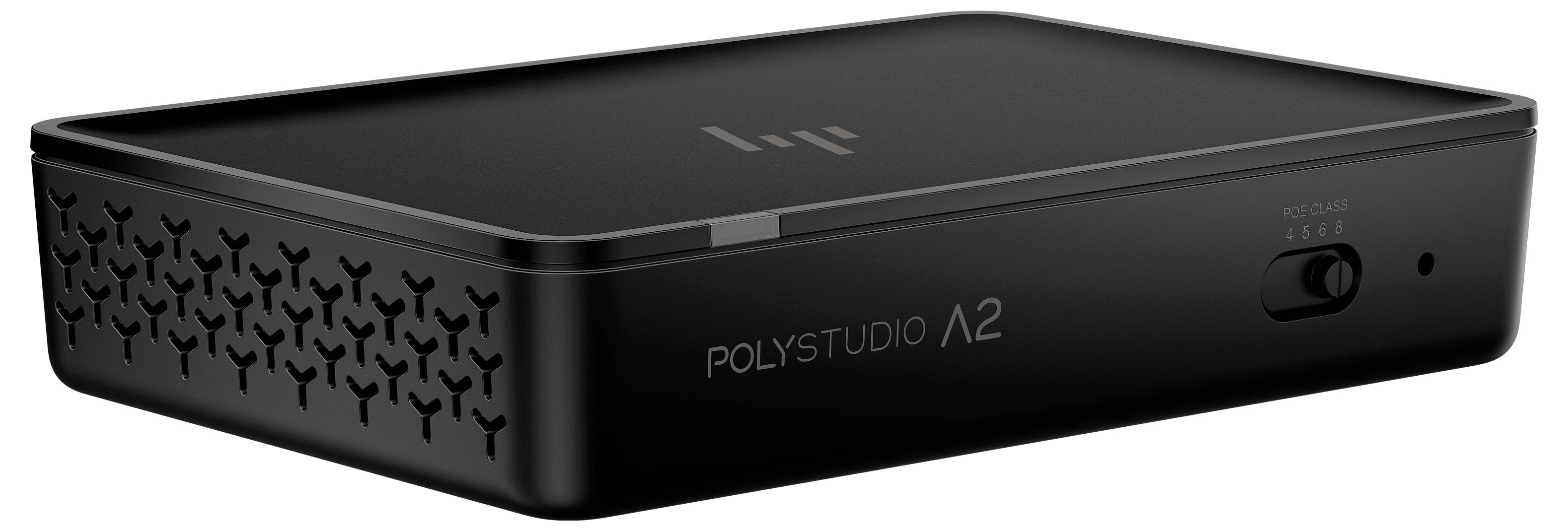 Černé konferenční zařízení PolyStudio A2 s děrovanými bočními větrací otvory, předním tlačítkem napájení a logem na bílém pozadí.