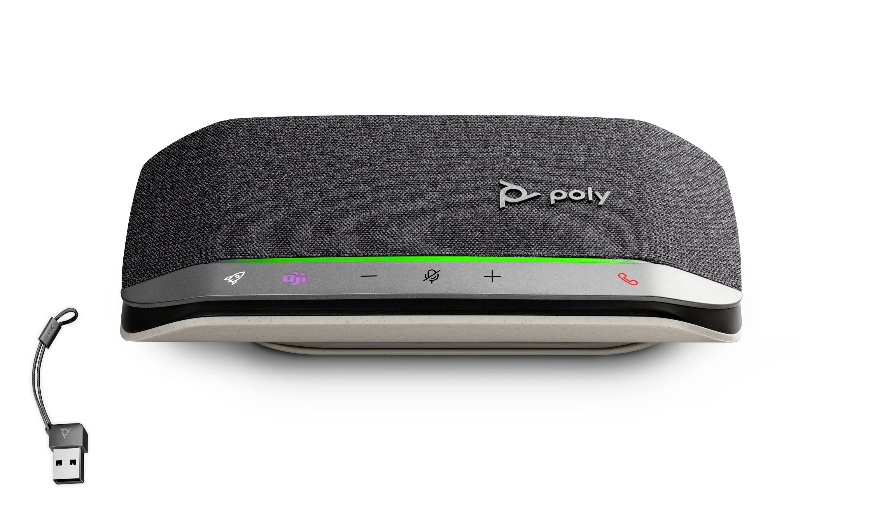 Poly USB reproduktor s tkaninou na horní straně, tlačítka ztlumení, hlasitosti a ovládání hovorů; kabel USB zobrazený vedle něj.