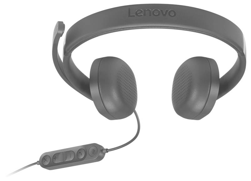 Šedá sluchátka přes uši Lenovo s připojeným vestavěným mikrofonem a tlačítky ovládání na bílém pozadí.