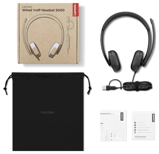 Lenovo drátová VoIP sluchátka 5000 s krabicí, sluchátky, USB kabelem, přenosným pouzdrem a uživatelskými manuály na bílém pozadí.
