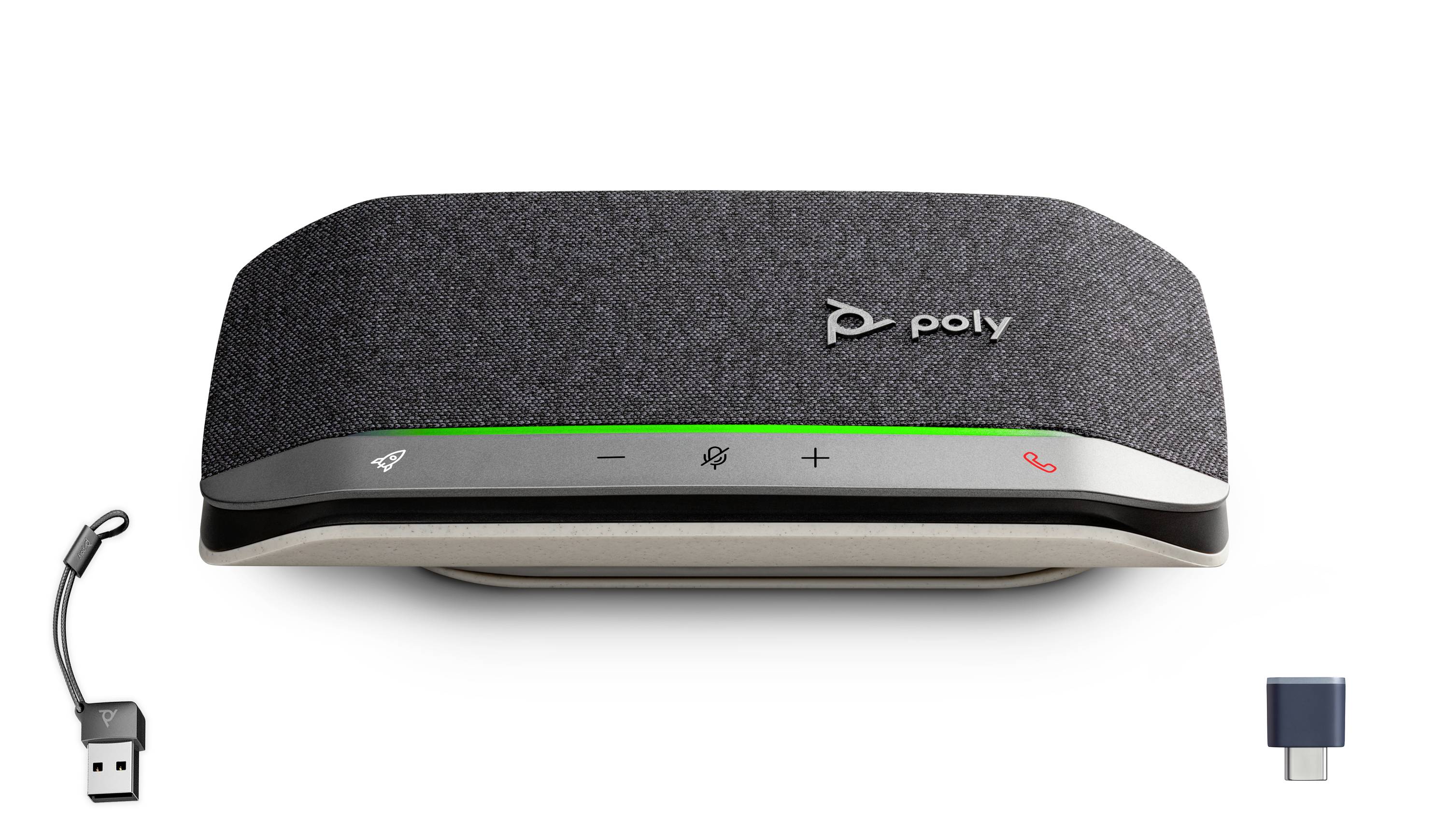 Polytelefonní reproduktor s ovládáním ztlumení mikrofonu a hlasitosti, zobrazující přiložený kabel USB-A a adaptér USB-C na bílém pozadí.