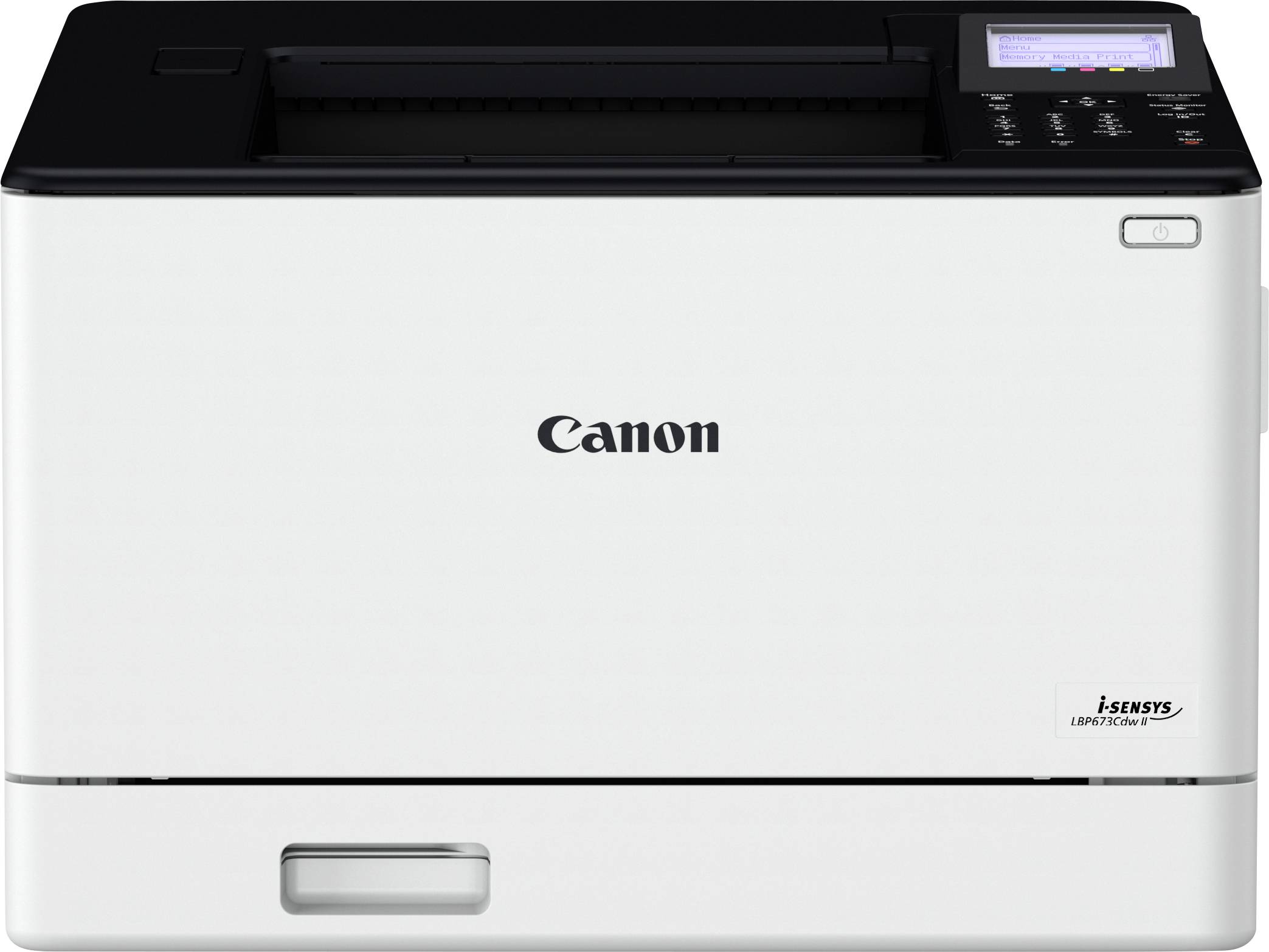 Přední pohled na laserovou tiskárnu Canon i-Sensys s ovládacím panelem a displejem v pravé horní části.