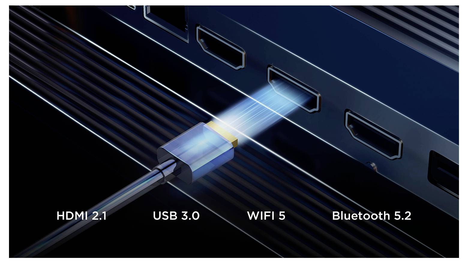 Panel konektorů počítače s vloženým kabelem USB-C, s štítky označujícími „HDMI 2.1", „USB 3.0", „WIFI 5" a „Bluetooth 5.2".