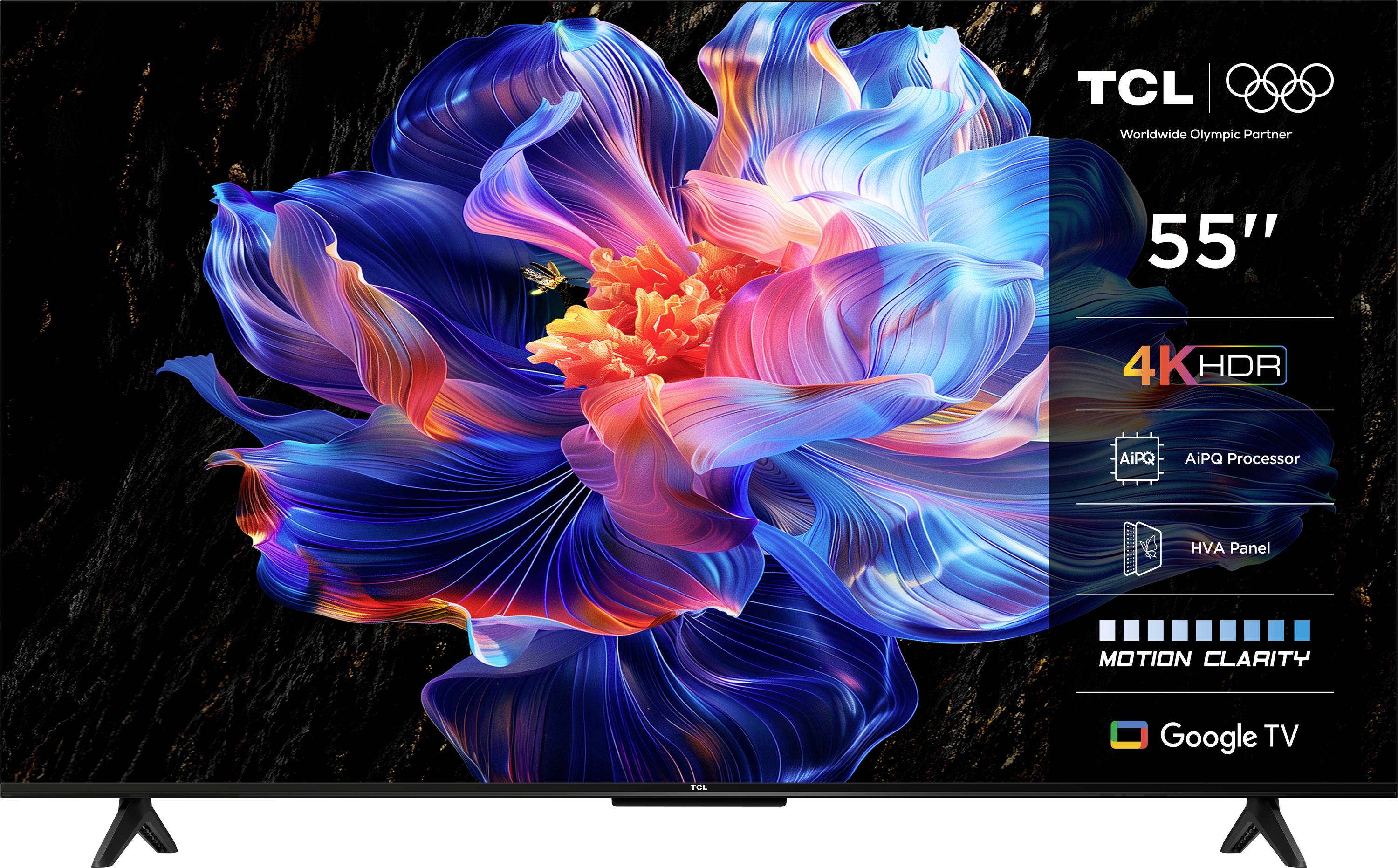 Barevná TV obrazovka zobrazuje živý abstraktní design květiny. Zvýrazněný text: "TCL, 55", 4K HDR, Google TV, Motion Clarity, AIPQ Processor, HVA Panel".