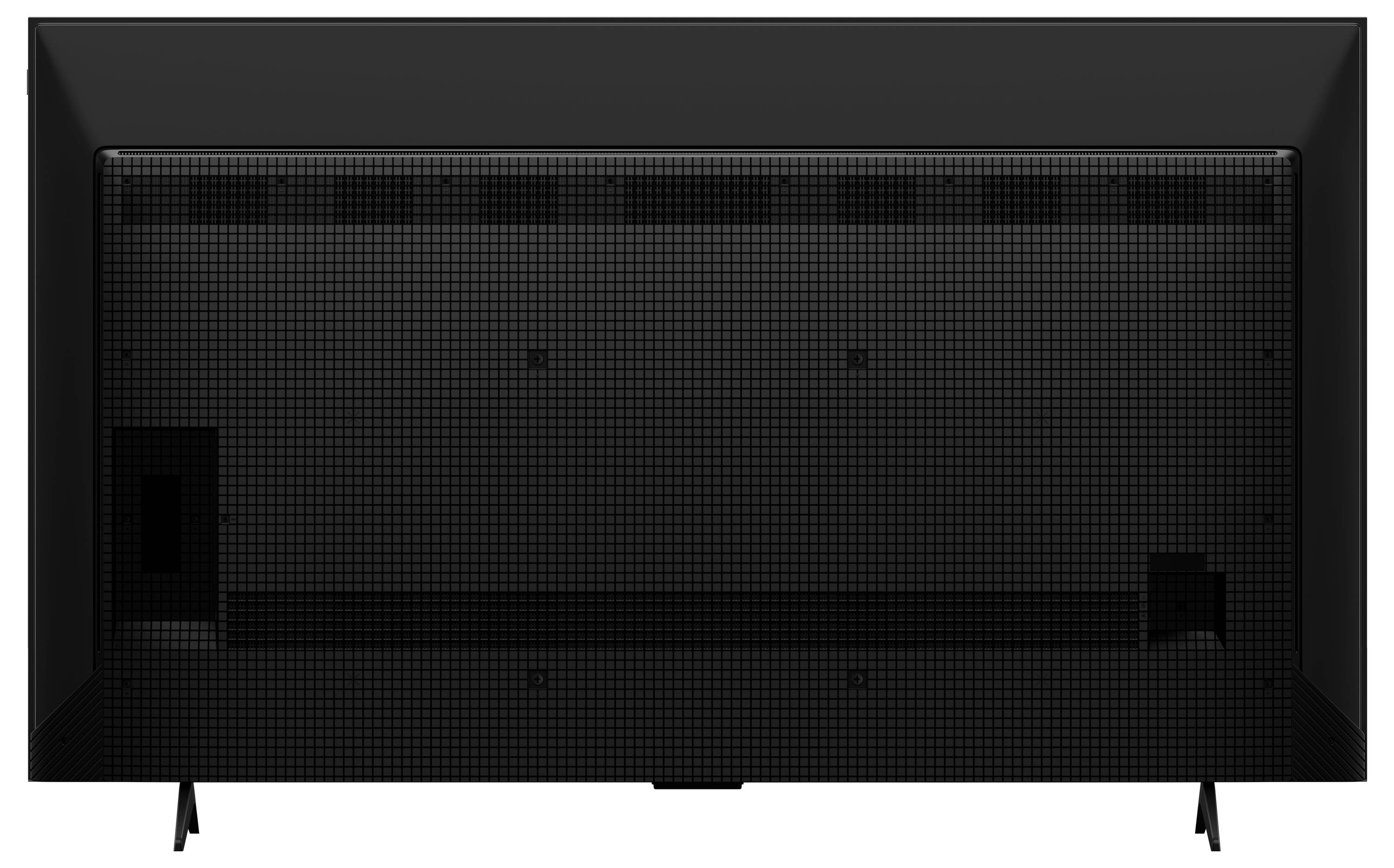 Obrázek ukazuje zadní pohled na černou plochou televizi s viditelnými body upevnění a větrací mřížkou.