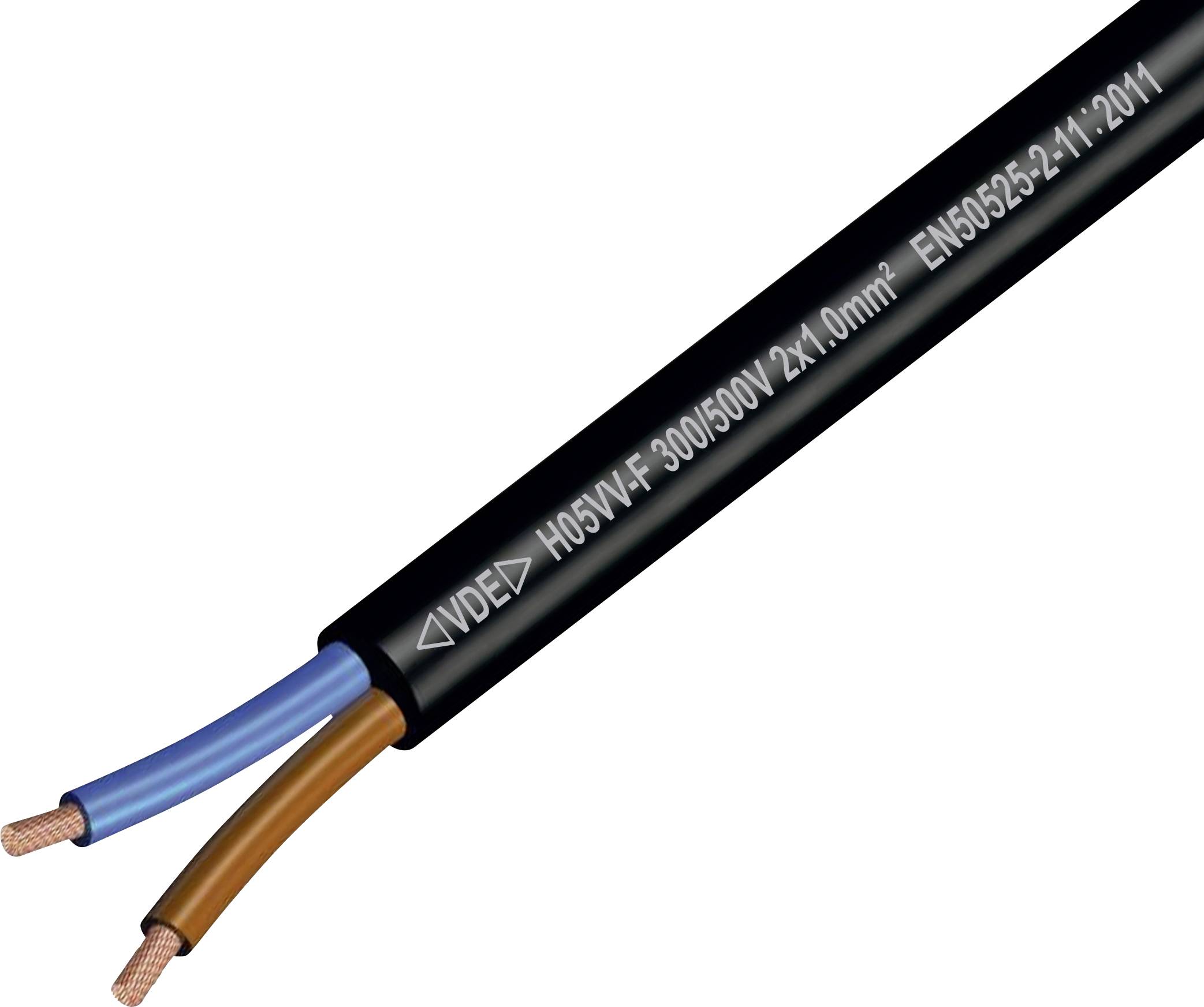 Černý elektrický kabel s modrým a hnědým izolovaným drátem vylezlým na konci, označený H05VV-F 300/500V 2x1,0mm².