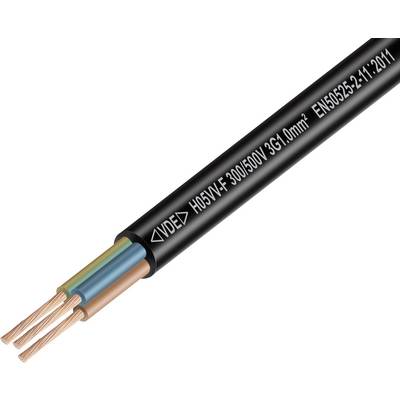 Černý elektrický kabel s viditelným měděným vodiči a barevnou izolací, označený 'H05VV-F 300/500V 3G1.0mm²'