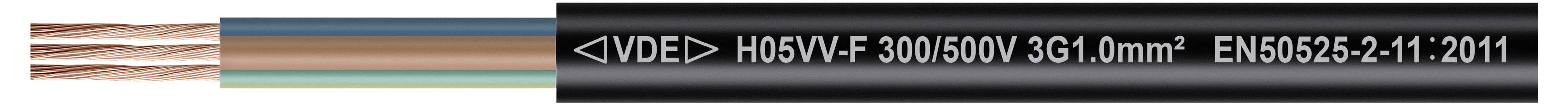 Řez 3žilového elektrickým kabelem s měděnými vodiči a izolací, označený H05VV-F 300/500V 3G1.0mm2 EN50525-2-11:2011.