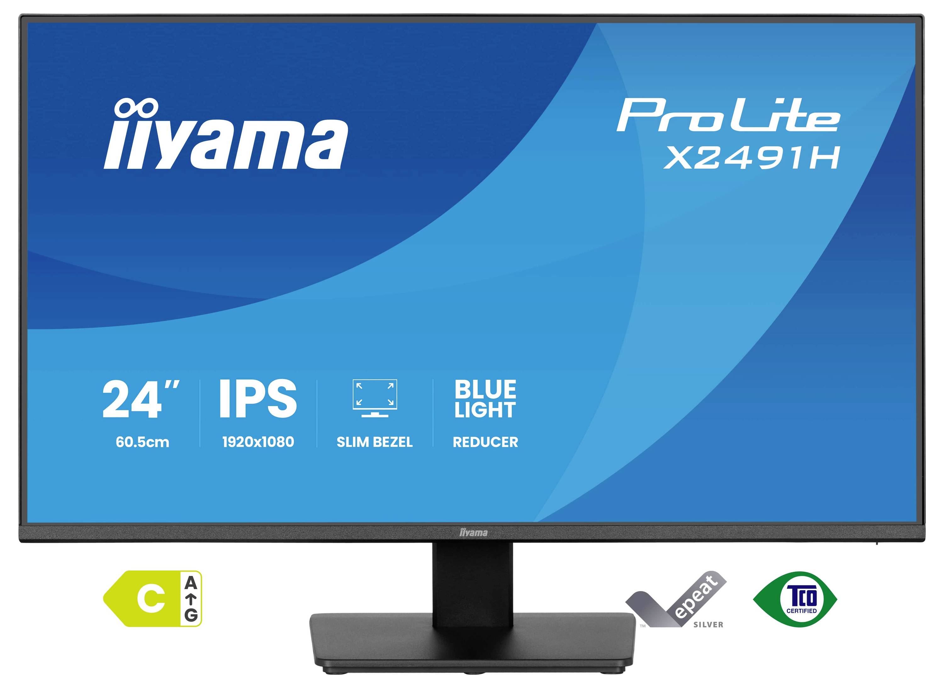 Monitor iiyama ProLite X2491H, 24 palců, IPS, rozlišení 1920x1080, tenký rámeček, redukce modrého světla, energetický rating C, certifikován TCO.