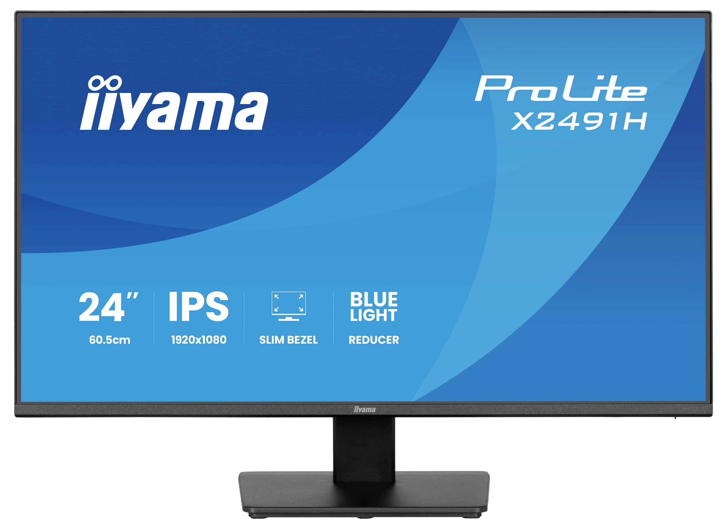 Displej monitoru s branding a modelem „iiyama ProLite X2491H". Zvýrazněné funkce: „24" obrazovka, IPS, 1920x1080, úzký rámeček, redukce modrého světla".