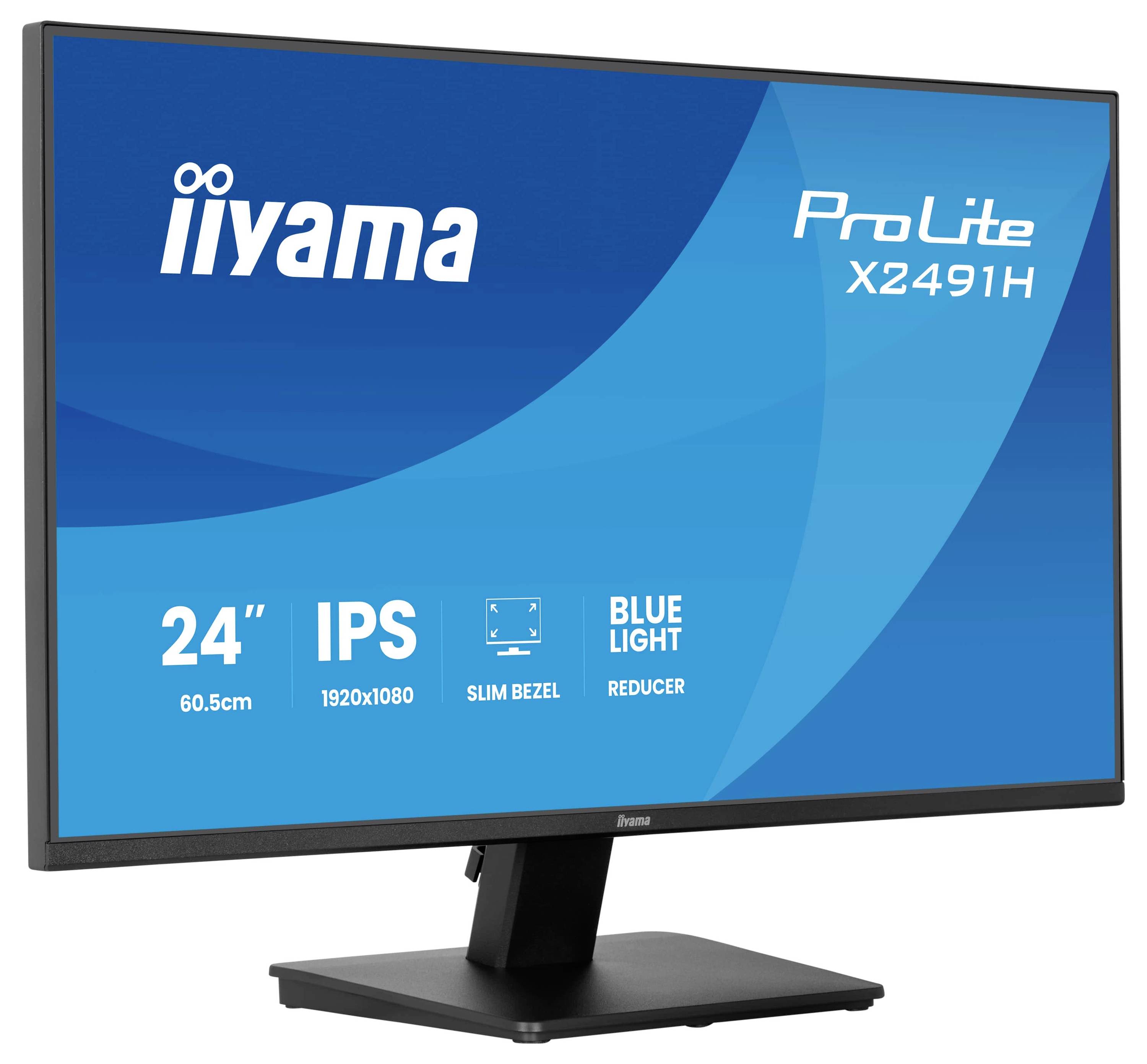 Počítačový monitor zobrazující text značky 'iiyama ProLite X2491H'. Zdůrazňuje funkce jako velikost 24", technologii IPS a redukci modrého světla.