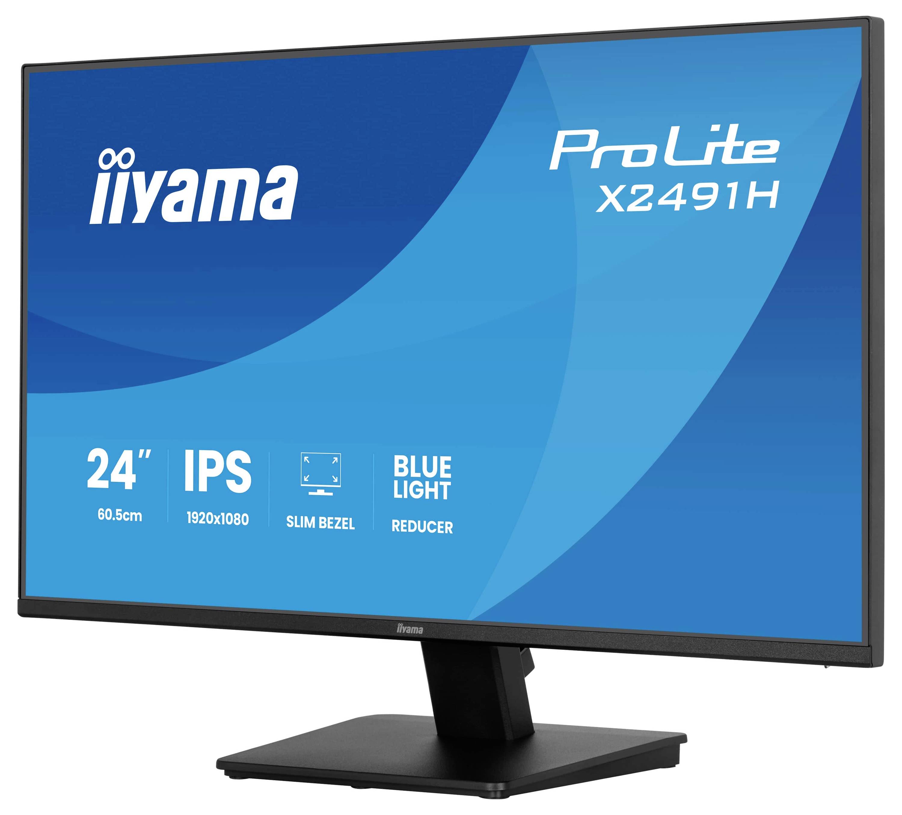 Počítačový monitor zobrazující "iiyama ProLite X2491H" s funkcemi: velikost 24 palců, technologie IPS, rozlišení 1920x1080, tenký rámeček a reduktor modrého světla.