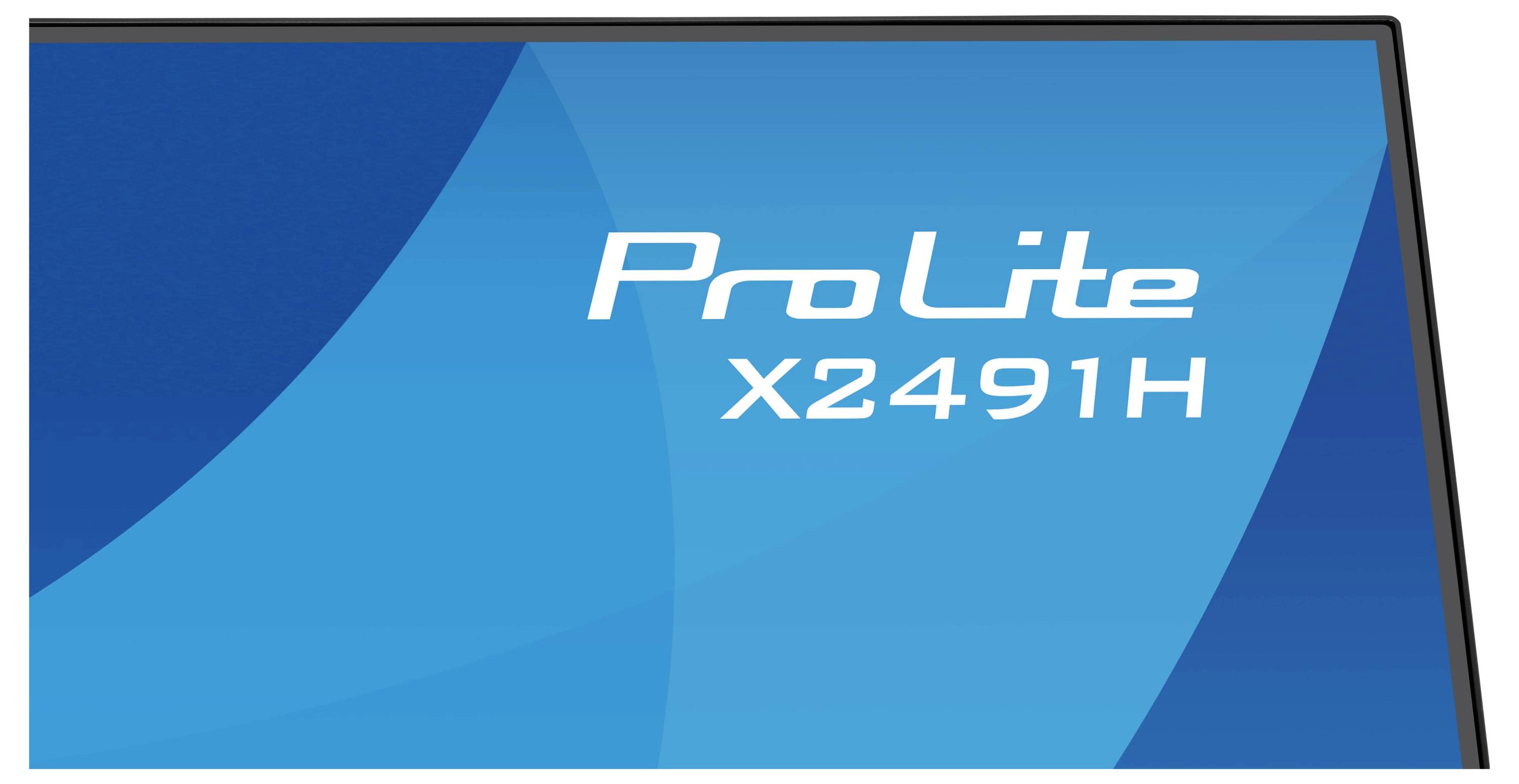 Monitor v rohu s „ProLite X2491H" na obrazovce, s modrým pozadím a černým rámem okraje.