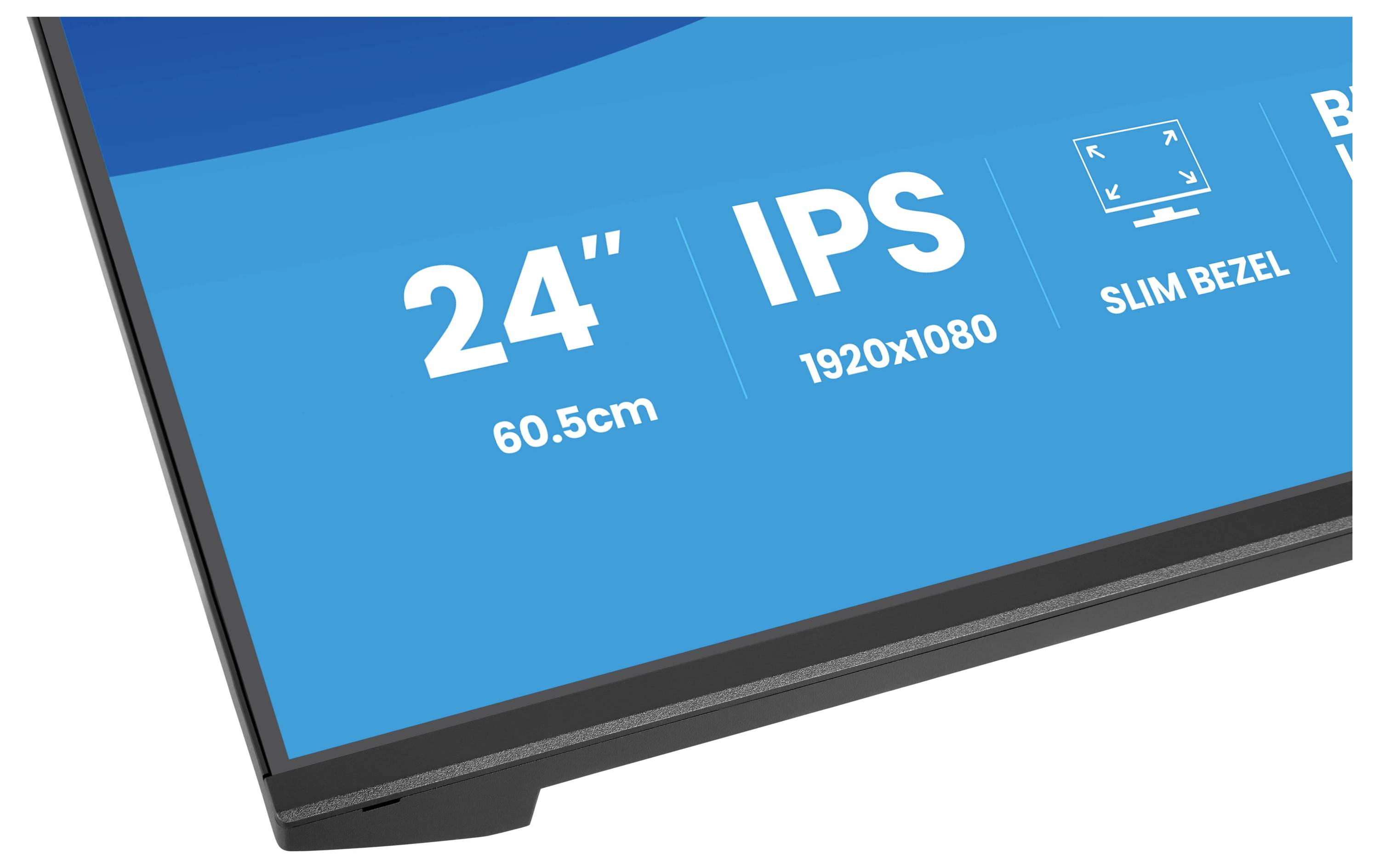 Detailní pohled na monitor se specifikacemi: „24" (60,5cm)", „IPS", „1920x1080" a „Slim Bezel" na modrém pozadí.