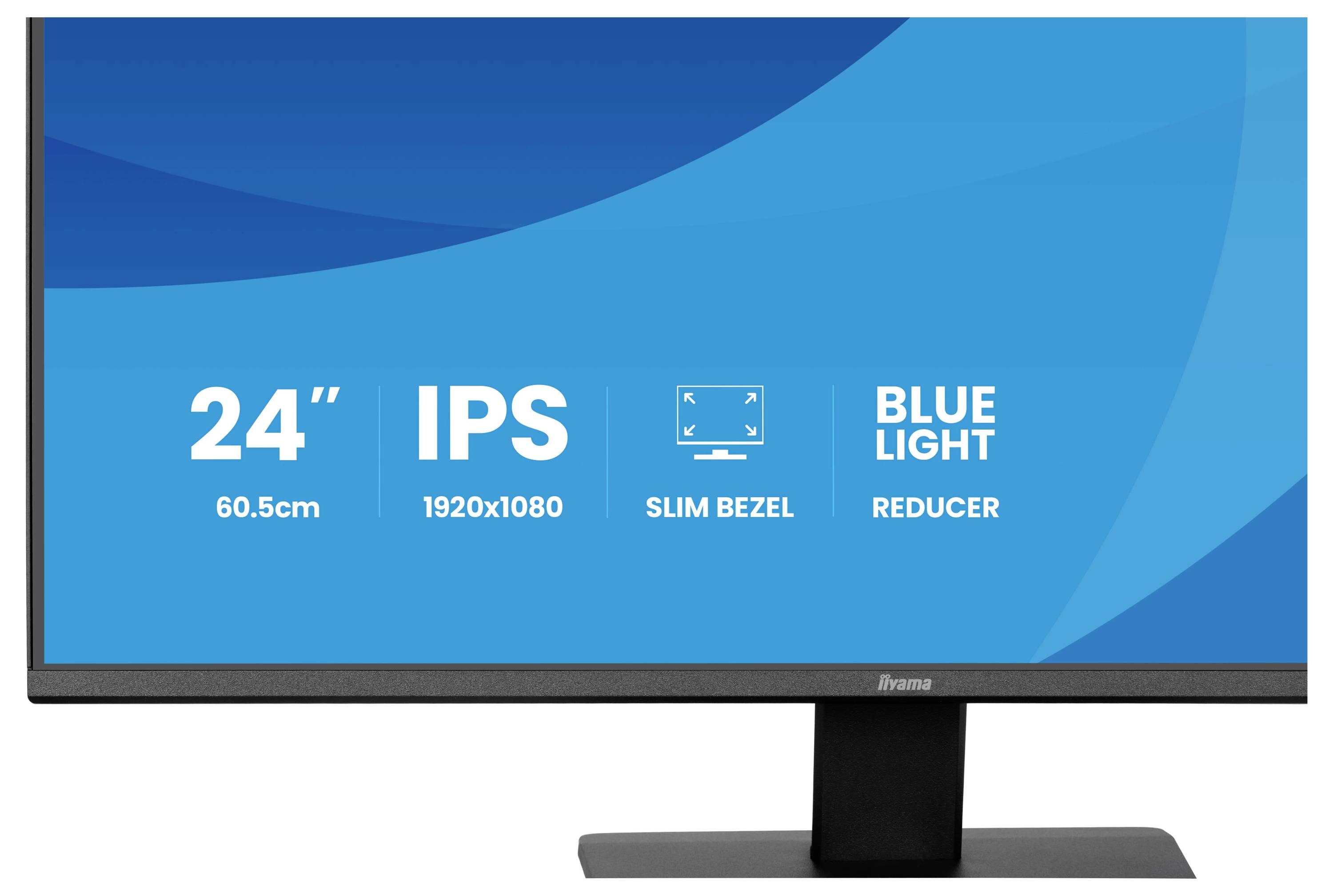 Monitor displej s textem: '24" 60,5cm', 'IPS 1920x1080', 'Tenký rámeček', 'Redukce modrého světla'.