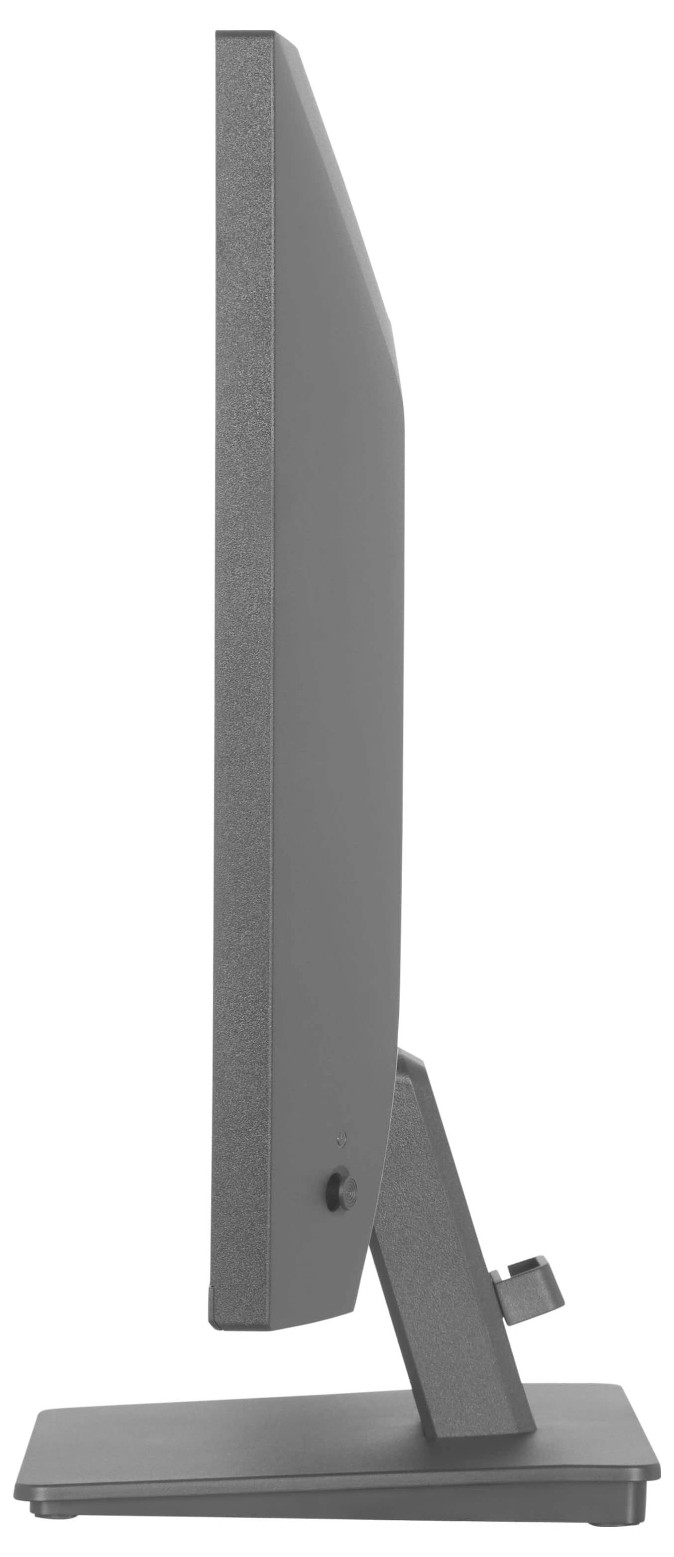 Boční pohled na štíhlý, moderní počítačový monitor s obdélníkovou základnou stojanu, který ukazuje jeho tenký design a elegantní profil.
