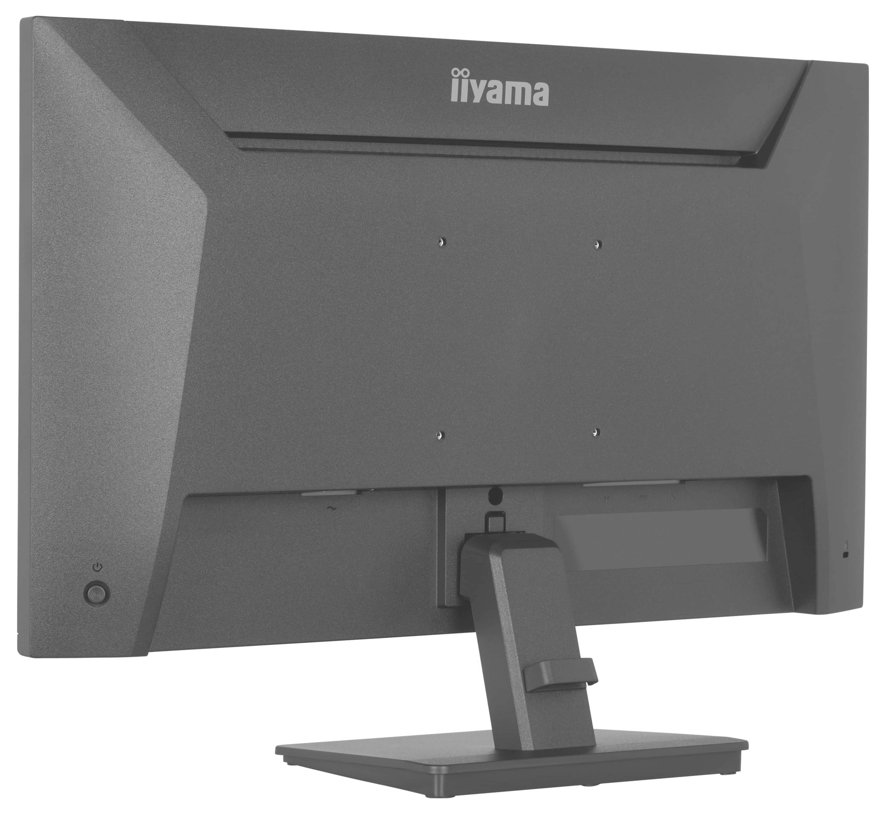 Černý monitor Iiyama pohled zezadu, ukazující jeho nastavitelný stojan a body pro upevnění VESA.