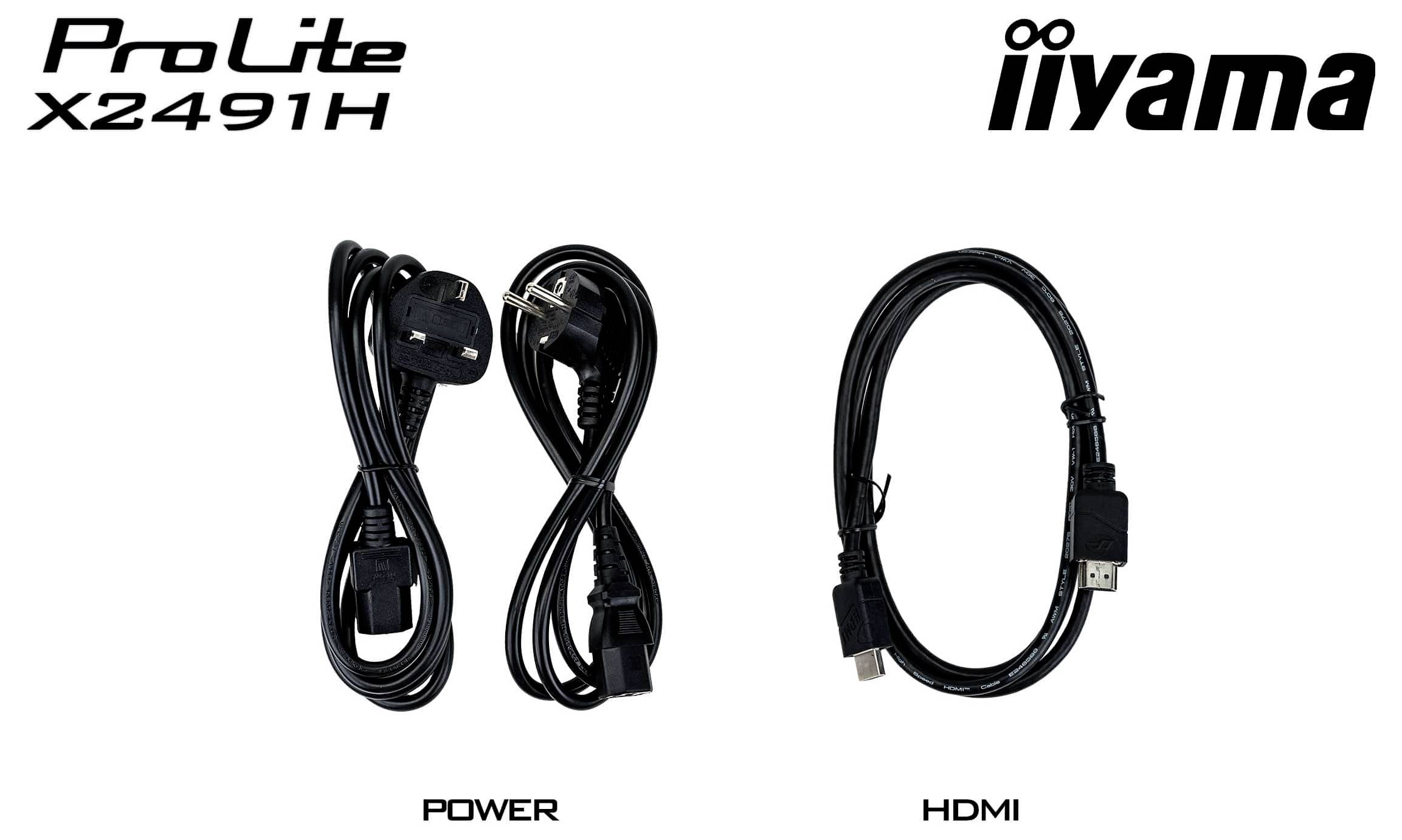 Dva kabely označené „POWER" a „HDMI" pro monitor iiyama ProLite X2491H.