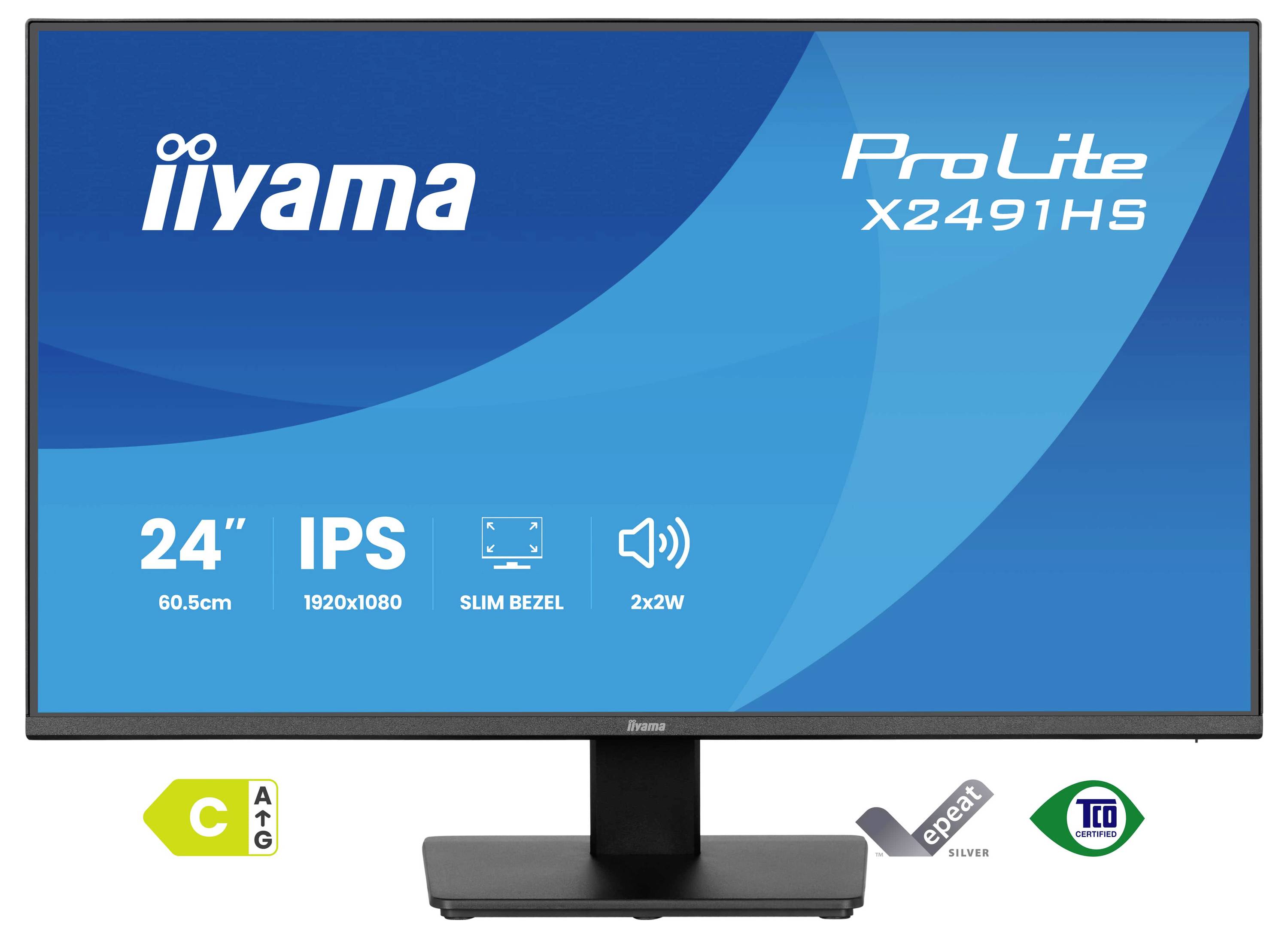 Monitor Iiyama ProLite X2491HS; vlastnosti: 24" velikost, rozlišení 1920x1080, technologie IPS, tenký rámeček, duální reproduktory 2W.